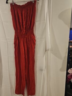Marianne Strapless Red Smocked-Waist Jumpsuit